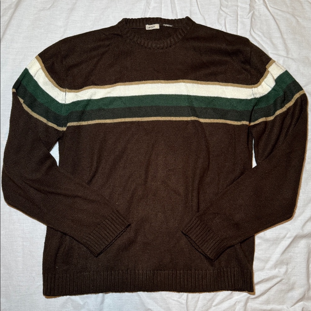 Carbon Men's Brown Sweater with Green and Cream Stripes